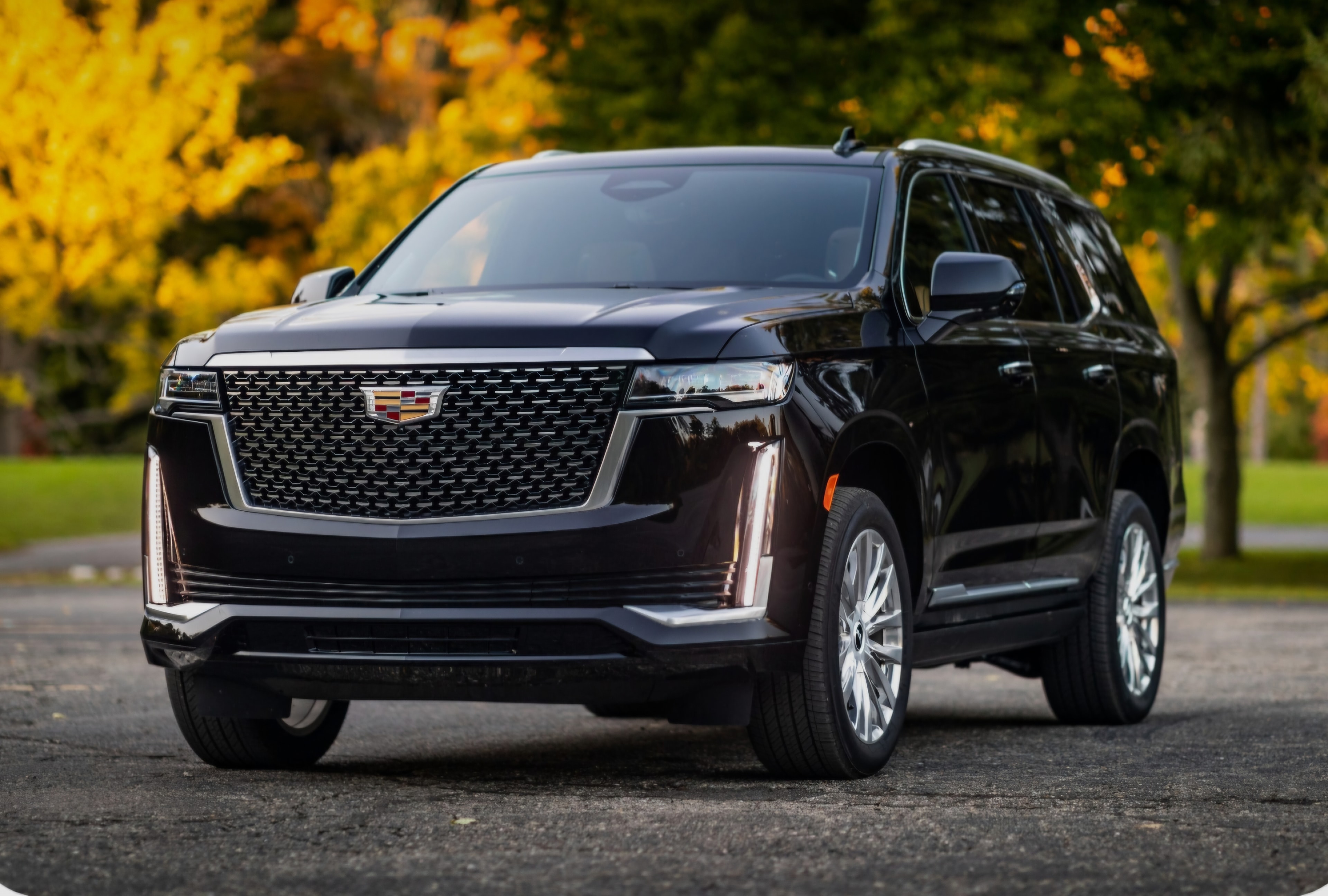 Cadillac Escalade front exterior in autumn setting